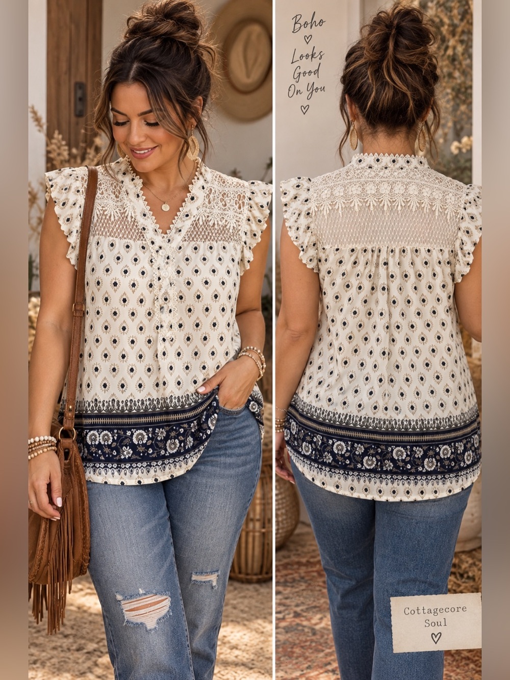 MISS DAISY Lace Appliqué Flutter Sleeve Top EUC